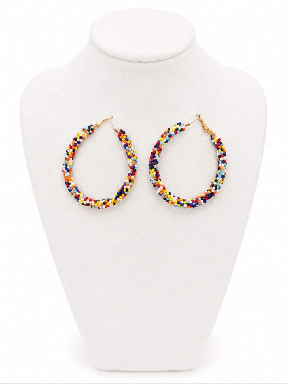 Multicolor Seed Bead Statement Hoop Earrings Gold Tone